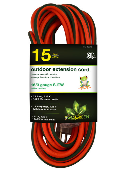 GO GREEN 15ft AC Extension Cord 16/3 Orange