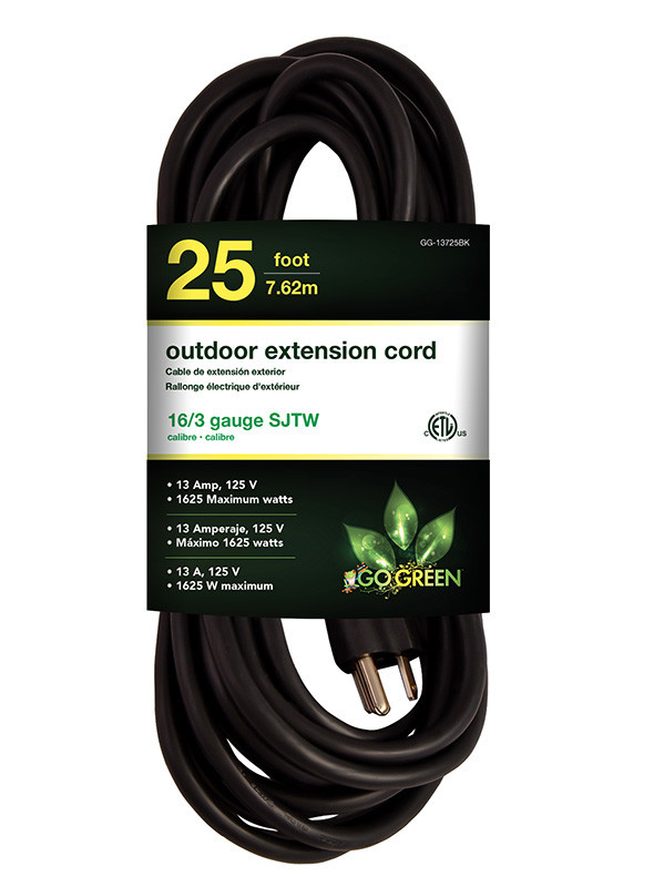 GO GREEN 25ft AC Extension Cord 16/3 SJT Black