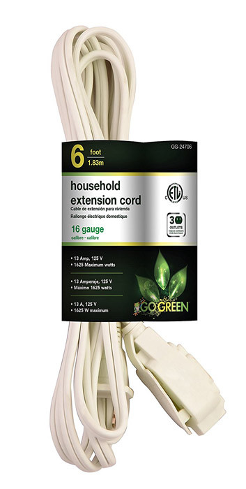 GO GREEN 6ft 16/2 3- Outlet Household Extension Cord - White