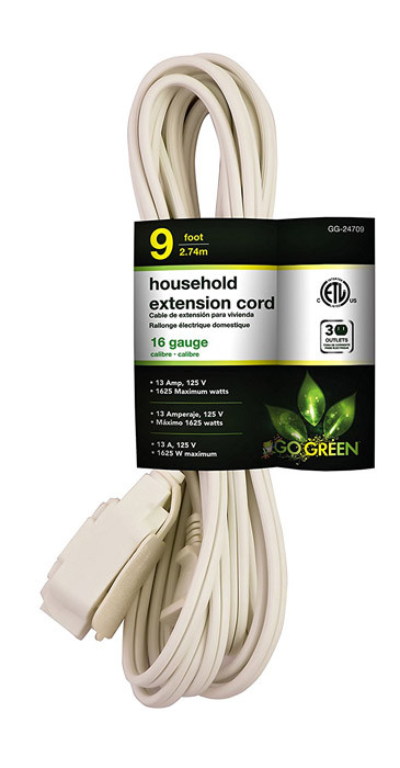 GO GREEN 9ft 16/2 3- Outlet Household Extension Cord - White