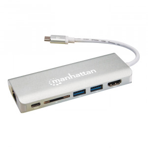 MANHATTAN USB-C Multiport Adapter, HDMI Female, 2 USB 3.0, Power Delivery Port, RJ45 & Card Reader