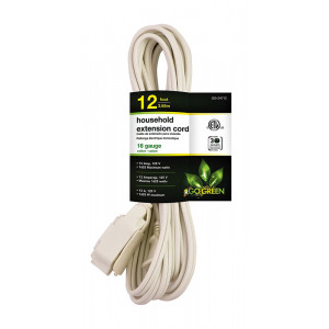 GO GREEN 12ft 16/2 3- Outlet Household Extension Cord - White